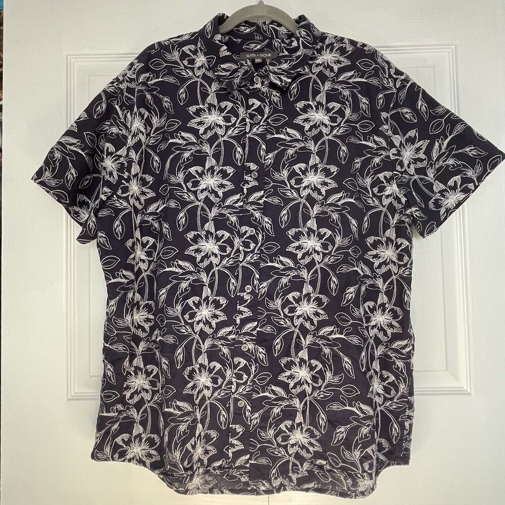 Men’s Slate & Stone Floral Embroidered Short Sleeve Button Down Shirt Size XXL